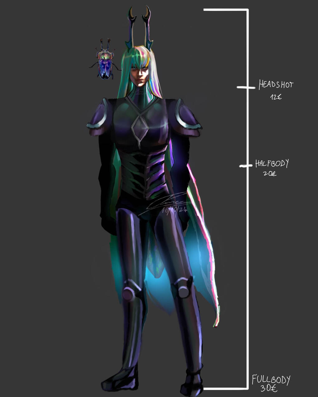 Headshot: 12€, Bust:20€, Half body:25€, Full body:40€